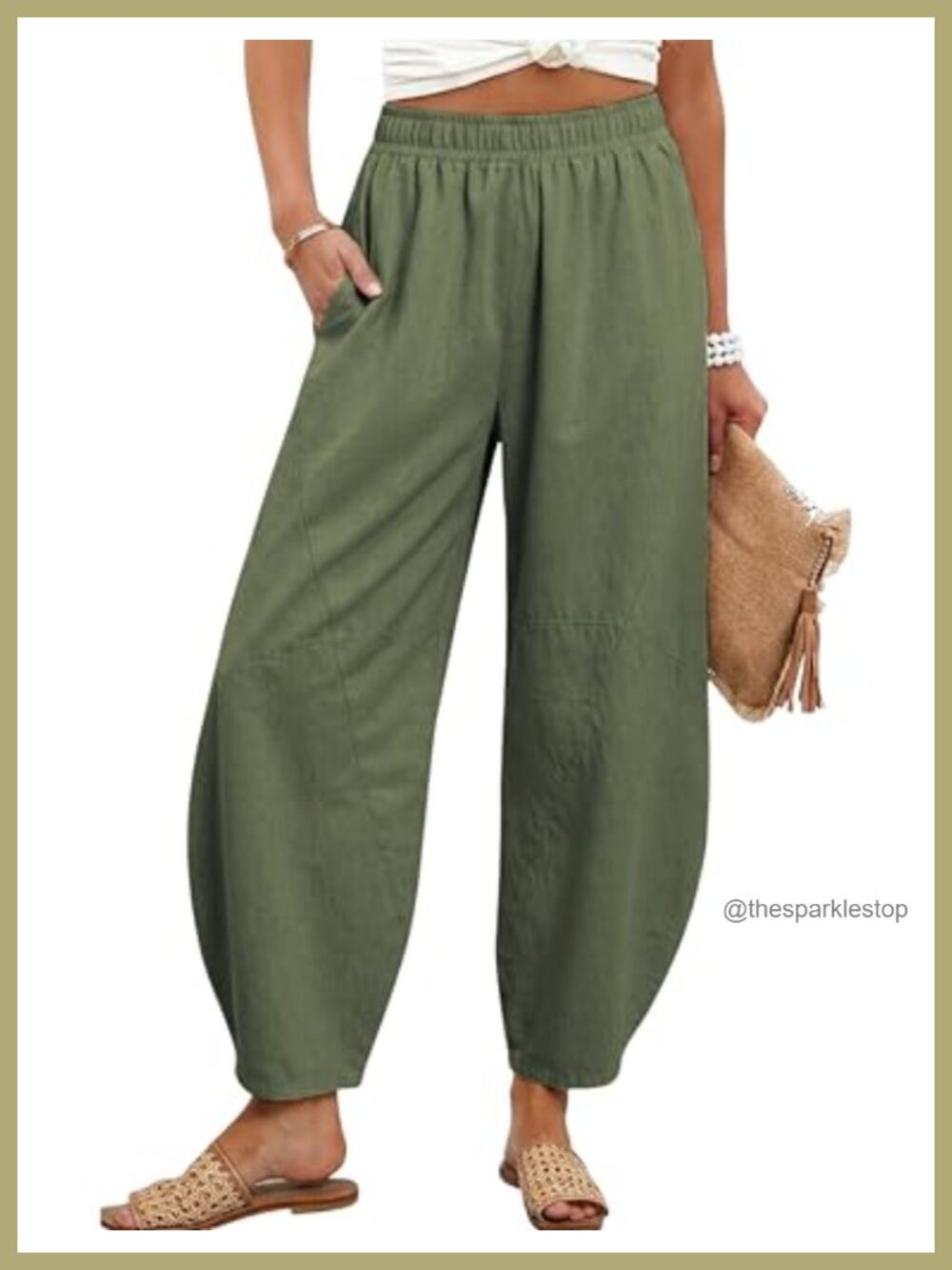 High Elastic Waisted Wide Leg Barrel Capri Pants Loose Fit Cotton Blend